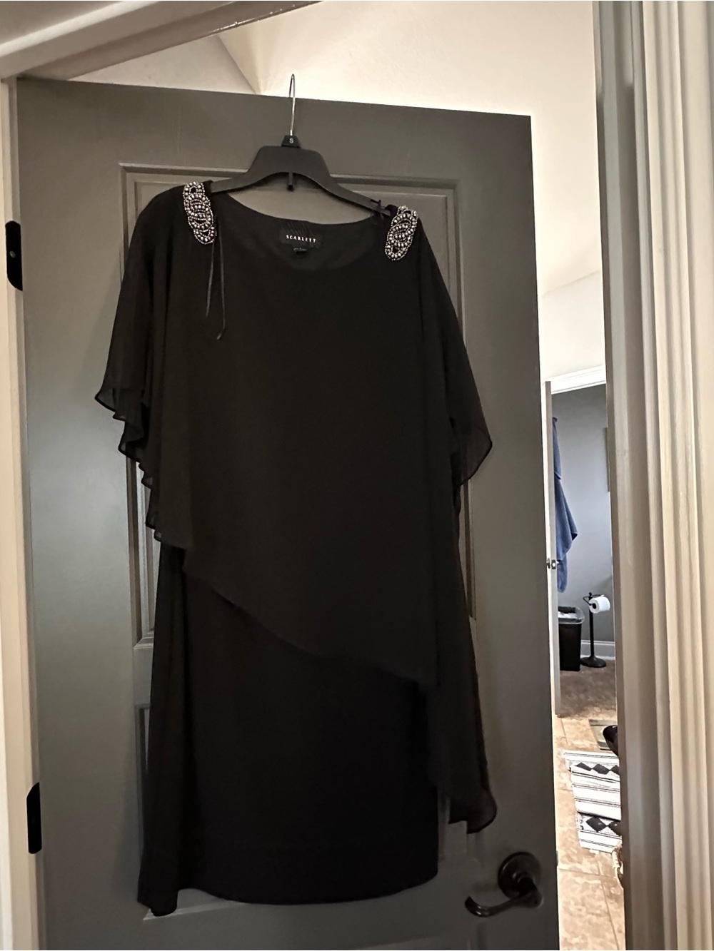 Beaded Shoulder Black Midi Dress with Draped Overlay